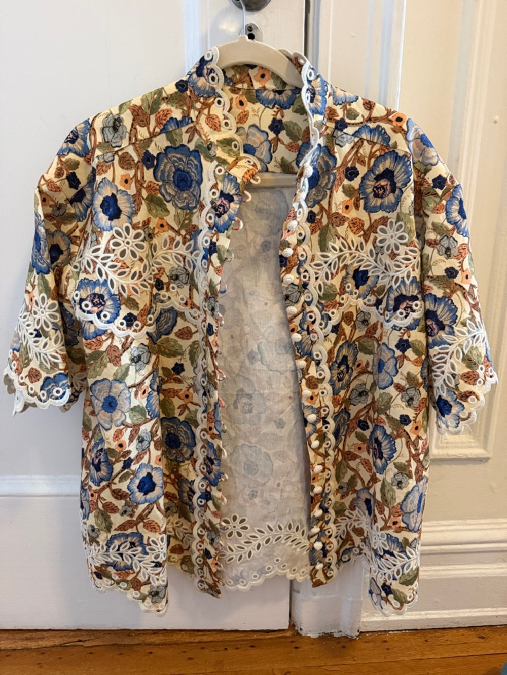 Zimmermann Cream Floral Embroidered Open Cardigan with Blue & Brown Accents
